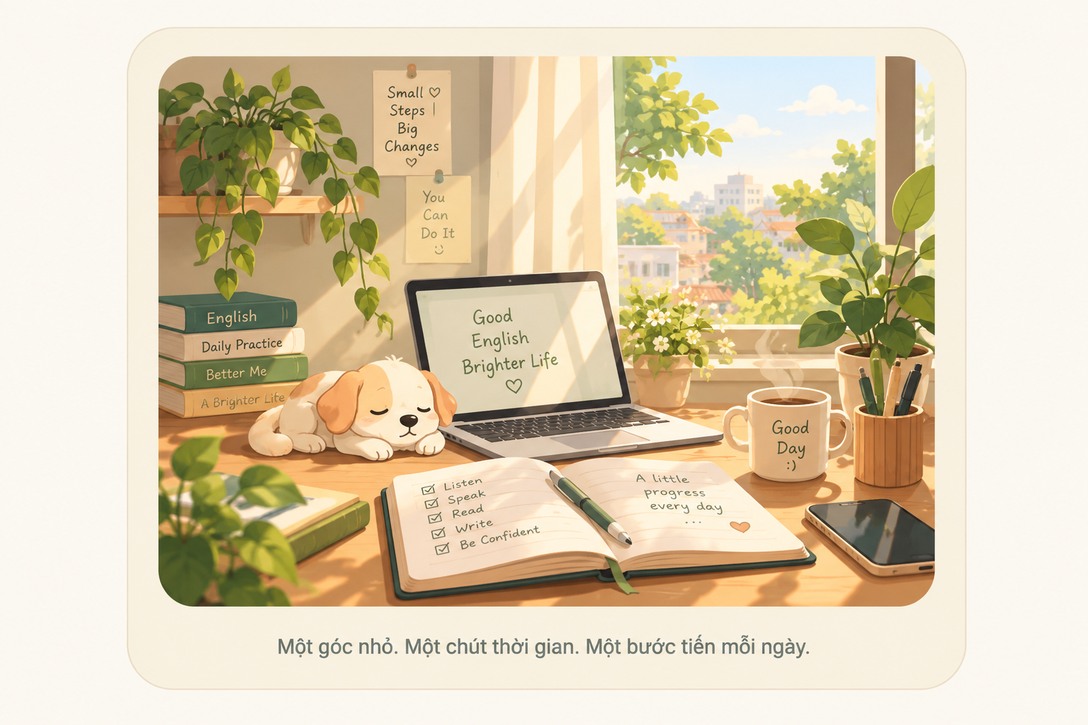 Góc học tập ấm áp bên cửa sổ với sách, sổ tay, máy tính, cây xanh và chú chó nhỏ. Một góc nhỏ. Một chút thời gian. Một bước tiến mỗi ngày.